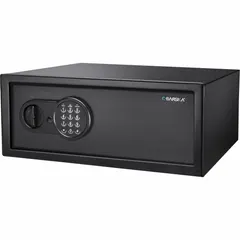 Steel wall-recessed safe with 1.2 cu ft capacity, measuring 7 7/8 in H x 19 3/4 in W x 16 in D. Features a digital combination lock and 2 locking bolts. Not fire rated. Suitable for storing valuables and documents in a wall cavity.
