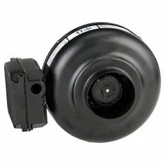 This inline duct fan is designed for general ventilation in 5-inch ducts, providing up to 206 cfm airflow. It features a single-speed, standard-efficiency motor operating on 120V AC, with an IP44-rated galvanized steel housing. The unit includes a mounting bracket and is speed controllable for adjustable airflow.