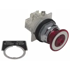This SCHNEIDER mushroom head push button from the 9001K series features a metallic profile with a 30 mm diameter. It has a maintained action and one normally closed (1NC) contact. Typical applications include industrial control panels for latching or emergency stop functions in machinery and process automation.