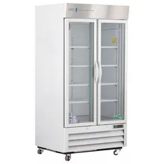 This cabinet maintains a stable 20°C to 25°C environment for temperature-sensitive materials. It operates at 115 V and includes eight adjustable shelves. The right hinge door provides access, and overall dimensions are 39 5/8 in width by 34 3/4 in depth. Commonly used in laboratories and clinical settings for storing pharmaceuticals, biological samples, and reagents.