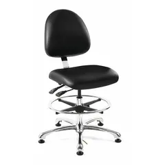 This ESD-safe ergonomic task chair features a vinyl seat and back, an aluminum base, and foot support. It offers adjustable height from 21 1/2 to 31 1/2 inches, with back tilt forward 11° and backward 15°, and seat tilt forward and backward 6° each. Suitable for environments requiring static control, such as electronics assembly and laboratory workstations.