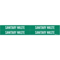 Green adhesive pipe marker with white legend reading 'Sanitary Waste'. Fits pipe outer diameters from 3/4 to 2-3/8 inches. Pack of 4 markers without arrows. Used to identify sanitary waste piping in industrial facilities.