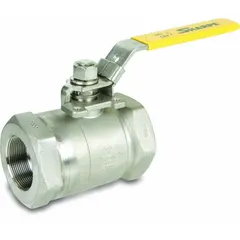 Two-way ball valve with straight body, 1/2 in female NPT ends, and Delrin seat. Stainless steel construction with locking lever handle for secure flow control. Used in industrial piping to start, stop, or redirect flow.