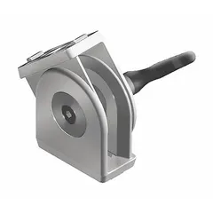 This locking-lever pivot joint is made of zinc and designed for use with 15 Series aluminum profiles having an 8 mm slot width. It features a 76 mm x 38 mm size with an 8.4 mm mounting hole and a silver finish. The locking-lever mechanism allows angular adjustment and secure positioning in industrial framing and automation structures such as machine guards, workstations, and conveyor supports.