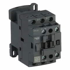 SCHNEIDER DPE12G7 is a 3-pole non-reversing IEC contactor rated at 12 A with a 120V AC coil and 3 normally open contacts. It is used for switching electrical loads in motor control, lighting, and HVAC applications. This unit does not include integrated surge suppression.