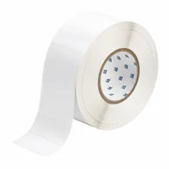 Thermal transfer precut label roll measuring 1 1/4 in x 2 3/4 in. Features an acrylic aggressive permanent adhesive for bonding to challenging surfaces. Halogen-free material suitable for environments with strict safety or environmental standards. Compatible with PR Plus printer series for industrial identification and labeling applications.