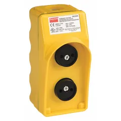 This Dayton push-button pendant features two momentary push buttons with no legend, configured as 2 normally open contacts. The plastic enclosure meets NEMA 1/3/3R/4/4X ratings, making it suitable for indoor and outdoor use, including washdown environments. AC contact rating is 10 A at 600 V; DC contact rating is 5 A at 600 V. Typical applications include remote control of cranes, hoists, and conveyors.
