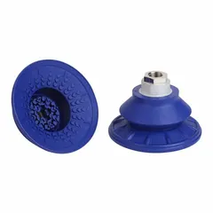 Bellows type vacuum pad assembly with 1.5 folds and 89 mm pad diameter. Features G1/4 inch connection, NBR material in blue with 60 A durometer. Used for handling sheet metal, glass, and plastic parts on contoured or uneven surfaces in automated assembly and material handling applications.