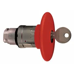 Red mushroom-head push-button operator from the XB4 series. Metallic construction with maintained action, designed for 22 mm mounting. Used as an emergency stop device in industrial control panels and machinery.