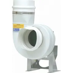 This fume hood blower is designed for indoor ventilation applications, exhausting air from fume hoods in laboratory and industrial settings. It operates on 208-230V AC single-phase input and features variable speed control for precise airflow adjustment. The motor is rated at 3 hp and is not a high-efficiency model.