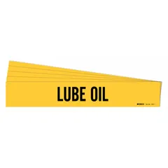 Yellow adhesive pipe marker with black 'Lube Oil' legend, designed for pipe outer diameters from 2-1/2 to 7-7/8 inches. Sold in a 5-pack without directional arrows. Used to identify lube oil lines in industrial piping systems.