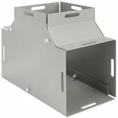 Tee fitting for indoor wireway systems, constructed from 16-gauge steel with a powder-coated finish. Measures 4 inches high with an overall length of 9 inches. Features a screw-on cover that can be mounted on the top or bottom, secured by screw clamps. No knockouts included. Used to create branch junctions in wireway runs for routing and protecting electrical wiring.