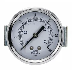 This U-Clamp Panel-Mount pressure gauge from PIC GAUGES features a 2 1/2 in dial with a center back connection. It has a 1/8 in NPT male connection and brass/copper wetted parts, suitable for measuring pressure in non-vibrating systems. Accuracy is ±3-2-3%.
