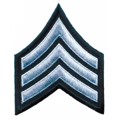 Embroidered rank insignia patch displaying SGT. Measures 3 inches, constructed from a polyester/rayon blend in black and gray. Sold as a pair. Suitable for uniform wear on sleeves or chest pockets by security, law enforcement, or military personnel.