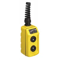Push-button pendant control station with two momentary push buttons, 2NO contact configuration, and dead-end hub. Thermoplastic enclosure rated NEMA 4 for water and dust resistance. AC contact rating 1.5 A at 240 V, DC contact rating 0.55 A at 240 V. Suitable for remote operation of cranes, hoists, and industrial machinery