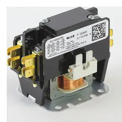 Electromechanical contactor for switching electrical loads in HVACR systems. Used to control compressors, fan motors, and other power circuits in air conditioners, heat pumps, and furnaces. Suitable for replacement in commercial and residential heating and cooling equipment.