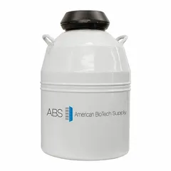 Aluminum cryogenic storage canister with 33 L capacity, 18 1/4 in overall diameter, and 26 in overall height. Includes LN2 Measuring Ruler. Used for storing biological samples, vaccines, and laboratory materials at cryogenic temperatures with liquid nitrogen.