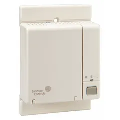 Wall-mount room temperature sensor with plastic conduit-box housing and LED indicators. Provides single-point measurement from 40°F to 90°F with ±0.34°F accuracy. Uses phone-jack electrical connection. Compatible with building automation systems for indoor climate monitoring and control in commercial facilities.