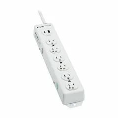 Healthcare power strip with 6 outlets, 15 ft cord, and 15 A rating. UL 1363 listed, white finish, 5-15P plug, 2 1/2 in width, keyhole mounting. Suitable for power distribution in patient rooms, clinics, and other medical environments.