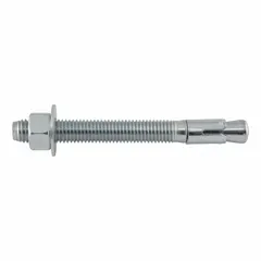 Steel wedge anchor with 5/8" diameter, 6" overall length, and 5/8"-11 thread. Thread length is 4". Zinc-plated finish. Used for fastening into solid concrete in structural and heavy-duty applications. Supplied in a 25-pack.