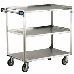 This open stainless steel utility cart from LAKESIDE features three shelves and a 500 lb maximum load capacity. It is equipped with two swivel casters for maneuverability and has an overall height of 37 1/4 inches. Suitable for transporting supplies, tools, or ingredients in commercial kitchens, warehouses, and manufacturing environments.