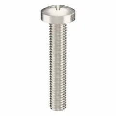 Pan head machine screw with M8x1.25 thread, 45 mm length, made from 18-8 stainless steel with plain finish. Features a Phillips drive with #4 drive size. Sold in a 10-pack. Commonly used in industrial assembly and maintenance for fastening components requiring a low-profile, broad bearing surface.