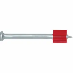 Pack of 100 pins for powder-actuated tools. Overall length 3 in, head diameter 0.3 in, shank diameter 9/64 in. Used for fastening materials to concrete, steel, or masonry in construction and industrial applications.