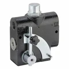 Manual three-way adjustable flow divider with lever-operated spool. Cast iron body with 1/2 in NPT ports. Maximum flow rate 16 gpm. Used in hydraulic systems to split or regulate oil flow to multiple actuators.