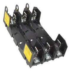3-pole open block design fuse holder for UL Class RK1 and RK5 fuses. Rated 600 V AC with pressure plate terminals and non-indicating feature. Used in industrial power distribution, motor control centers, and panelboards for overcurrent protection.