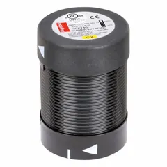 This buzzer sounder module operates on 24V DC with an intermittent sound mode. It has an overall diameter of 2 inches and an overall height of 2-7/8 inches. Designed for use in tower light stacks, it provides audible alerts for machine status, fault warnings, or process notifications in industrial signaling applications.