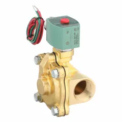 This REDHAT solenoid valve is a 2-way, 2-position, normally closed type with a 1-inch pipe size. It operates on 24V AC and features a watertight coil enclosure for use in damp environments. Designed for high-flow applications, it provides reliable on/off control of liquids or gases in industrial fluid systems.