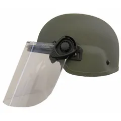 Level IIIA ballistic helmet constructed from aramid, featuring an XL suspension system and a Paulson face shield. Designed for head and face protection in industrial environments where impact hazards are present. Fits hat size XL.