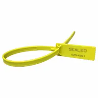 Yellow plastic pull-tight seal with 15-inch strap length and 5/16-inch strap width. Breaking strength of 112 lb. Marked 'Sealed' with sequential numbering. Supplied in packs of 1,000. Used for tamper-evident security and identification in logistics, shipping, and inventory management