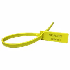 Yellow plastic pull-tight seal with 15-inch strap length and 5/16-inch strap width. Breaking strength of 112 lb. Marked 'Sealed' with sequential numbering. Supplied in packs of 1,000. Used for tamper-evident security and identification in logistics, shipping, and inventory management.