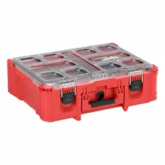 This deep organizer box is made of red polymer and includes 6 dividers for customizable internal compartments. It is designed for storing and organizing small parts, tools, and accessories in workshop or job site settings. The box integrates with the PACKOUT modular system for stacking and transport.