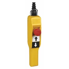 Push-button pendant control station from the XACA series with a dead-end hub style and plastic enclosure. Operator configuration includes two push buttons (momentary action) and one mushroom push button (maintained action) with Emergency Stop legend. AC contact rating 1.2 A at 600 V, DC contact rating 0.27 A at 250 V. Includes strain relief. Suitable for remote control of industrial machinery such as cranes, hoists, and conveyors.