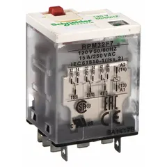 Socket-mounted general purpose relay with 3PDT contact configuration, rated 15 A at 120V AC. Features a square base, flat pins, and quick-connect terminals for plug-in mounting. Suitable for switching and control applications in industrial panels and automation equipment.