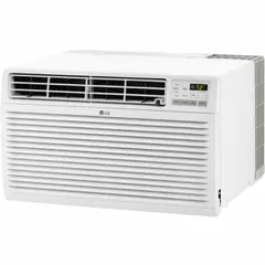 Residential-grade through-the-wall air conditioner for cooling only. Operates on 115V AC with 11,800 BtuH capacity and 10.5 CEER rating. Fixed chassis with NEMA 5-15P plug. Includes remote control. Suitable for cooling spaces such as apartments, hotel rooms, or small offices.