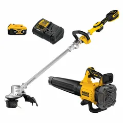 This 20V MAX combination kit includes a blower and trimmer for yard maintenance. The blower delivers a maximum air speed of 125 mph for clearing debris, while the trimmer handles grass and weeds. Powered by a 4.0 Ah battery, it is suited for residential landscaping tasks.