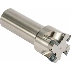 Indexable square-shoulder end mill designed for high-feed roughing and finishing operations. Standard length body accommodates indexable inserts for efficient material removal. Suitable for general machining applications requiring square shoulders and high metal removal rates.