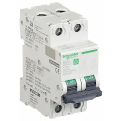 This 2-pole DC-only supplementary protector from the C60H-DC series is rated 63A at 500V DC with a D trip curve. It has a maximum interrupting rating of 5kA at 250V DC and features screw clamp terminals. Suitable for overcurrent and short-circuit protection in DC circuits such as industrial control panels and solar photovoltaic systems.