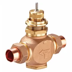 This 2-way globe valve features a bronze body and brass seat, with a 1 in female union sweat connection. It has a normally open, straight-thru configuration and stem-down-to-close valve action, with a Cv flow rating of 11.6. Suitable for regulating fluid flow in hydronic heating and cooling systems.