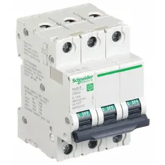 This SCHNEIDER C60SP supplementary protector is a D-Curve, 3-pole device rated for 10 A with a maximum interrupting rating of 14 kA at 240 V AC. It is UL1077 listed for overcurrent and short-circuit protection in industrial control circuits, lighting, and motor branch circuits. The unit mounts on DIN rail and features screw clamp terminals for AC systems up to 440 V AC.