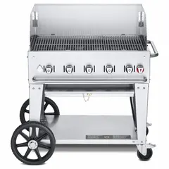This wheeled propane grill features 5 burners with a total heating capacity of 79,500 BtuH. It accommodates one 20 lb propane tank and measures 47 inches in overall height by 28 inches in overall depth. Suitable for outdoor cooking applications such as grilling meats, vegetables, and other foods.
