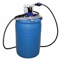 This drum-mount DEF dispensing pump system includes a discharge hose, nozzle, and digital meter. It delivers a maximum flow rate of 15 gpm and features BSP connections. Suitable for transferring diesel exhaust fluid from drums in automotive and industrial settings.