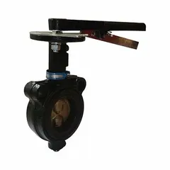 This 8-inch cast iron butterfly valve features a concentric wafer design with a lever handle and ductile iron disc. Rated for a maximum pressure of 200 psi (CWP), it is suited for on-off or throttling flow control in general industrial piping systems handling water, air, or non-corrosive fluids.