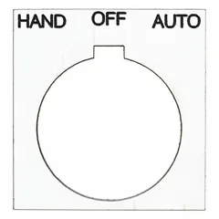 Square non-metallic plastic legend plate for 30 mm panel mounting. White background with black 'Hand-Off-Auto' text. Overall dimensions 1 13/16 in height and width. Used to label push-button stations in industrial control panels for switch position indication.
