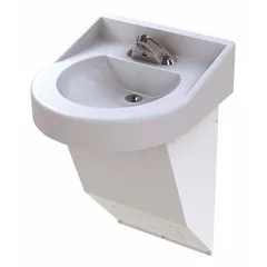 This BESTCARE institutional bathroom sink features a white polymer resin D-shaped bowl with 14 1/2 in length and 4 in depth. It is ADA compliant, wall-mounted, and includes a sensor-operated faucet for touch-free use in commercial restrooms.