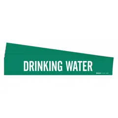 Green adhesive pipe marker with white legend reading 'Drinking Water' for identifying potable water lines. Fits pipe outer diameters from 2-1/2 to 7-7/8 inches. Supplied without directional arrows. Pack of 5 markers.