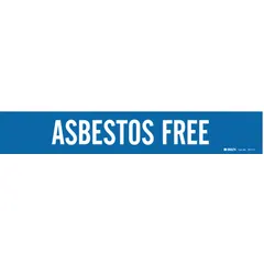 Blue adhesive pipe marker with white legend reading 'Asbestos Free'. Fits pipe outer diameters from 2-1/2 to 7-7/8 inches. Supplied as a single marker without arrows. Used to identify pipes that do not contain asbestos in industrial, commercial, and HVAC systems.